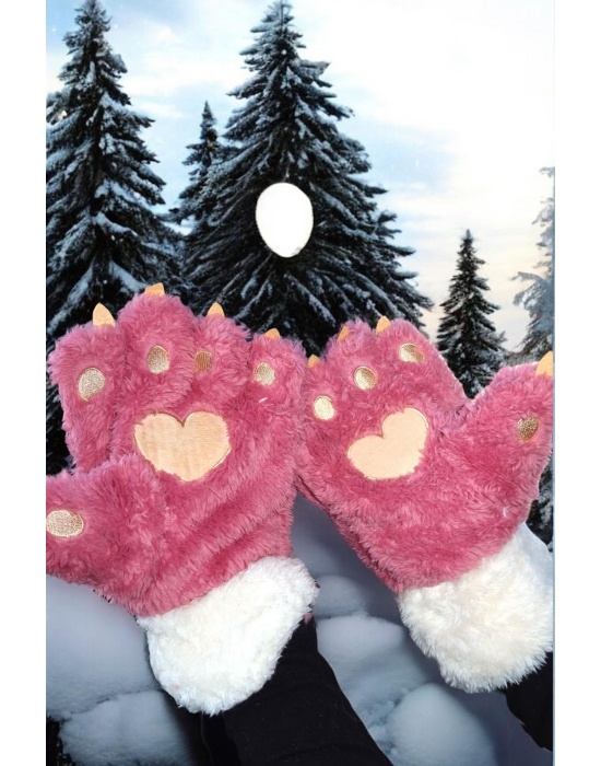 Krem Ve Pembe Pati Figürlü Askılı Peluş Eldiven
