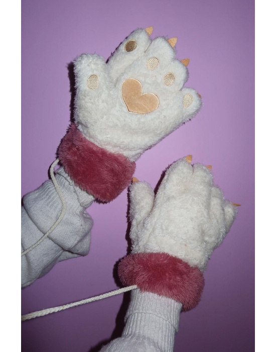 Krem Ve Pembe Renk Pati Figürlü Askılı Peluş Eldiven