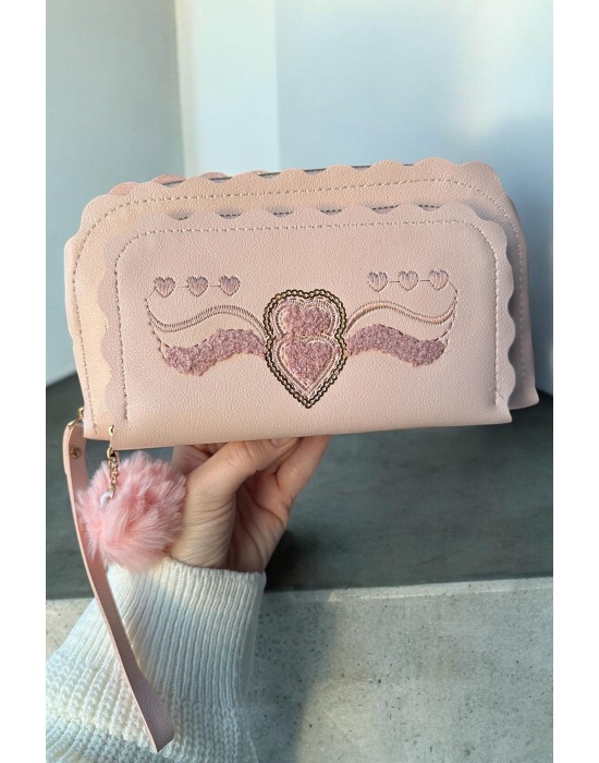 Pembe Renk Kalp Figürlü Ponpon Detaylı Kadın Deri Cüzdan