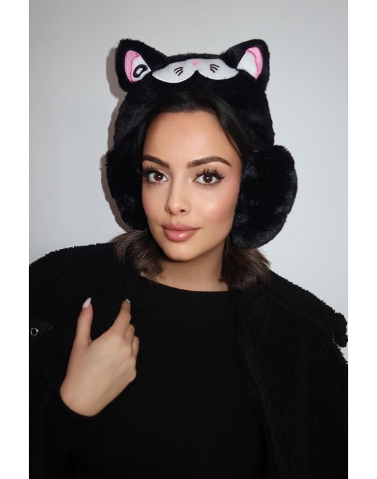 Siyah Renk Kedi Figürlü Peluş Kulaklık