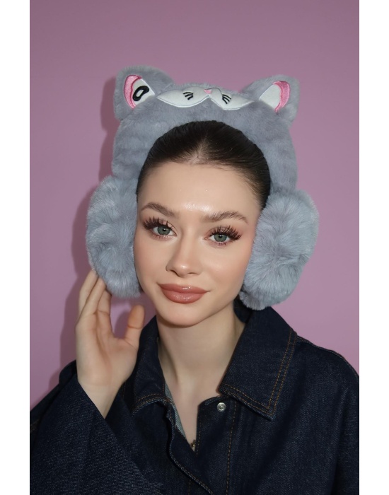 Gri Renk Kedi Figürlü Peluş Kulaklık