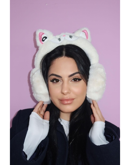 Beyaz Renk Kedi Figürlü Peluş Kulaklık