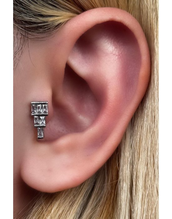 Gümüş Renk Taş Detaylı Cerrahi Çelik Tragus/Kıkırdak Küpe/Piercing (Tek)
