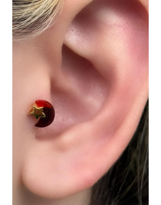 Altın Renk Cerrahi Çelik Ay Ve Yıldız Figürlü Tragus/Kıkırdak Küpe/Piercing (Tek)