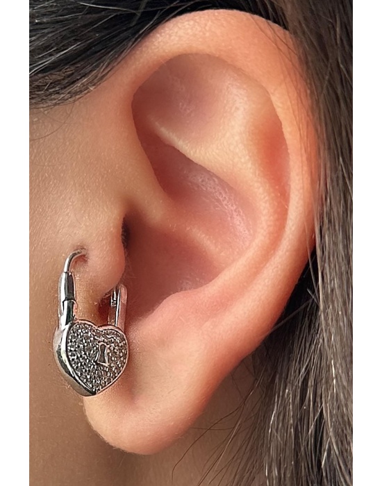 Gümüş Renk Kilit Figürlü Taş Detaylı Cerrahi Çelik Halka Tragus/Kıkırdak Küpe/Piercing (Tek)