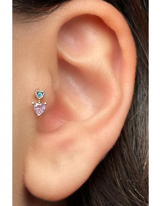 Altın Renk Kalp Figürlü Taş Detaylı Cerrahi Çelik Tragus/Kıkırdak Küpe/Piercing (Tek)