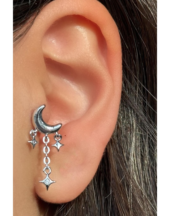 Gümüş Renk Ay Figürlü Çelik Tragus/Kıkırdak Küpe/Piercing (Tek)