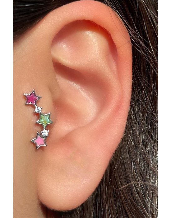 Gümüş Renk Yıldız Figürlü Çelik Tragus/Kıkırdak Küpe/Piercing (Tek)