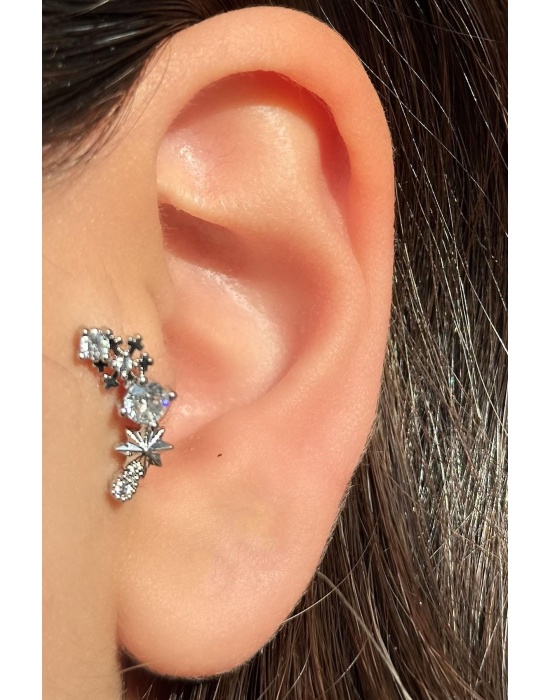 Gümüş Renk Taş Detaylı Çelik Tragus/Kıkırdak Küpe/Piercing (Tek)