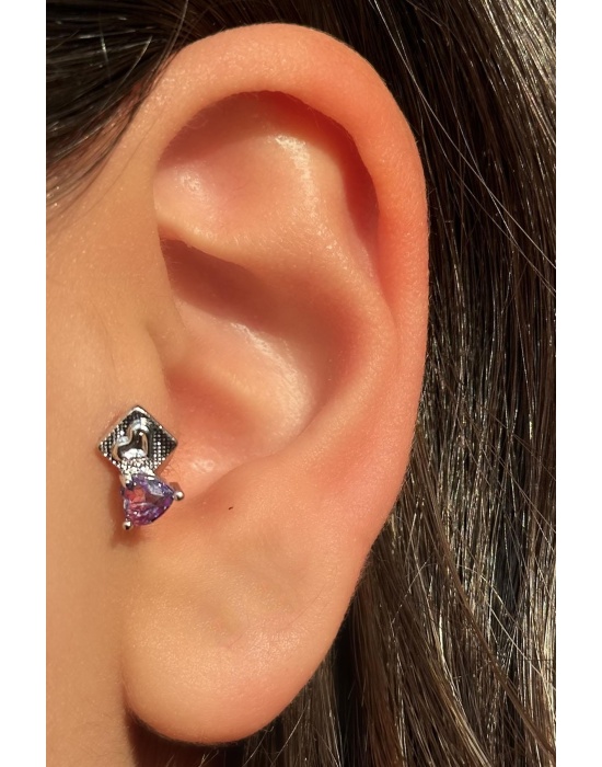 Gümüş Renk Taş Detaylı Çelik Tragus/Kıkırdak Küpe/Piercing (Tek)