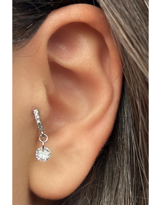 Gümüş Renk Taş Detaylı Çelik Tragus/Kıkırdak Küpe/Piercing (Tek)