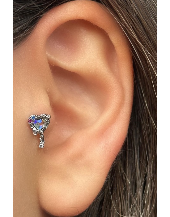 Gümüş Renk Kalp Figürlü Çelik Tragus/Kıkırdak Küpe/Piercing (Tek)