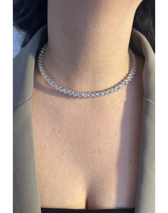 Altın Renk Kalp Figürlü Taş Detaylı Choker Kolye