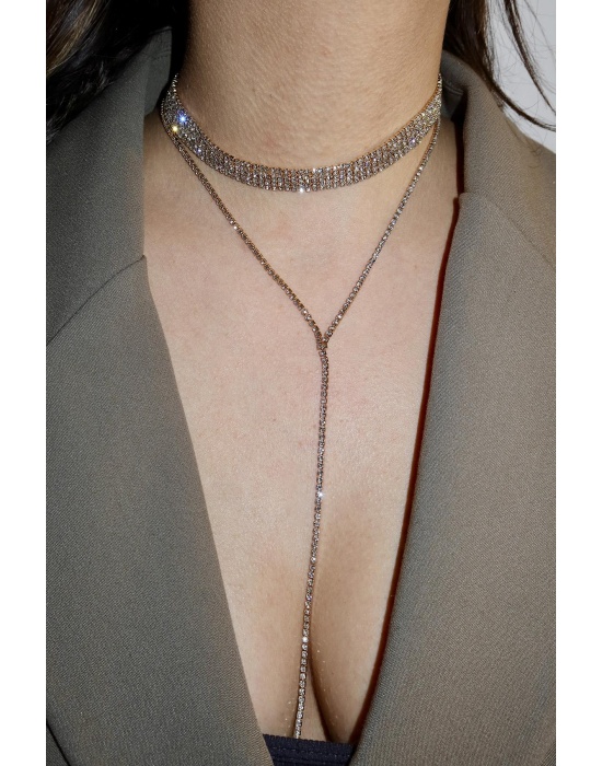 Altın Renk Beş Sıra Taş Detaylı Choker Kolye/ Vücut Aksesuarı