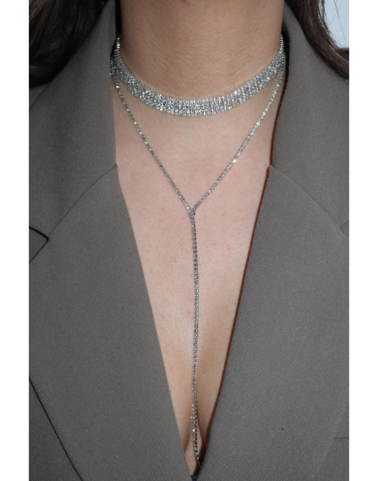 Gümüş Renk Beş Sıra Taş Detaylı Choker Kolye/ Vücut Aksesuarı