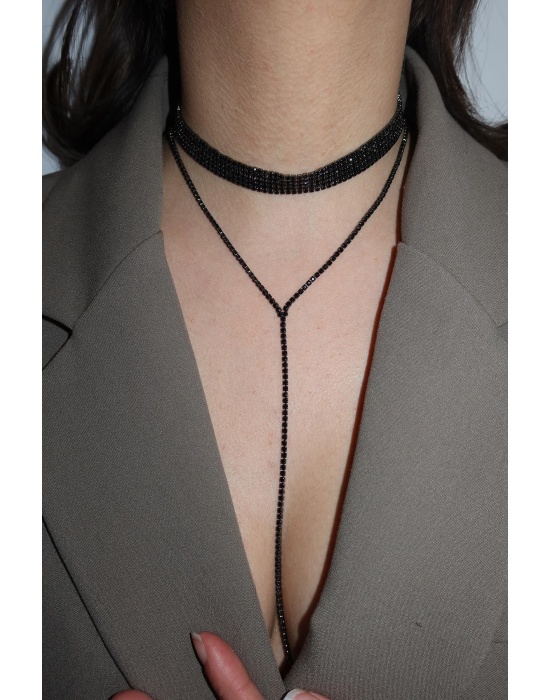 Siyah Renk Beş Sıra Taş Detaylı Choker Kolye/ Vücut Aksesuarı
