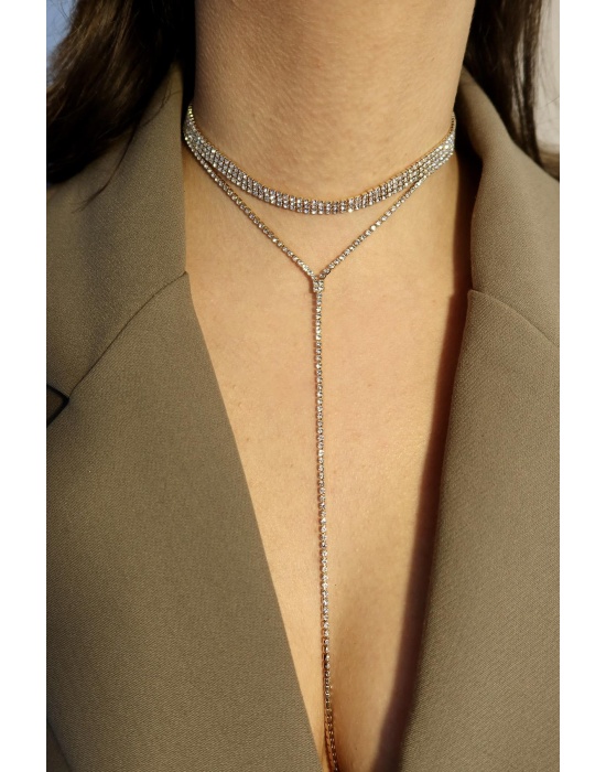 Altın Renk 3 Sıra Taş Detaylı Choker Kolye/ Vücut Aksesuarı