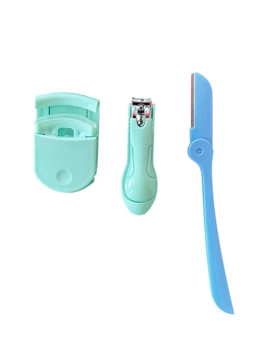 Yeşil Ve Mavi Renk 3lü Tırnak Makası/ Kaş Usturası/ Kirpik Kıvırıcı Set