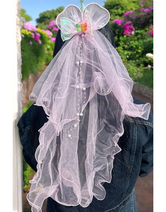 Pembe Renk Kurdele Figürlü Duvak Detaylı Yan Toka