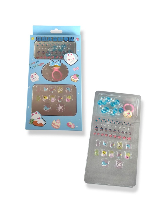 Mavi Renk Çocuk Tırnak /Bileklik /Yüzük /Sticker /Takma Tırnak Set