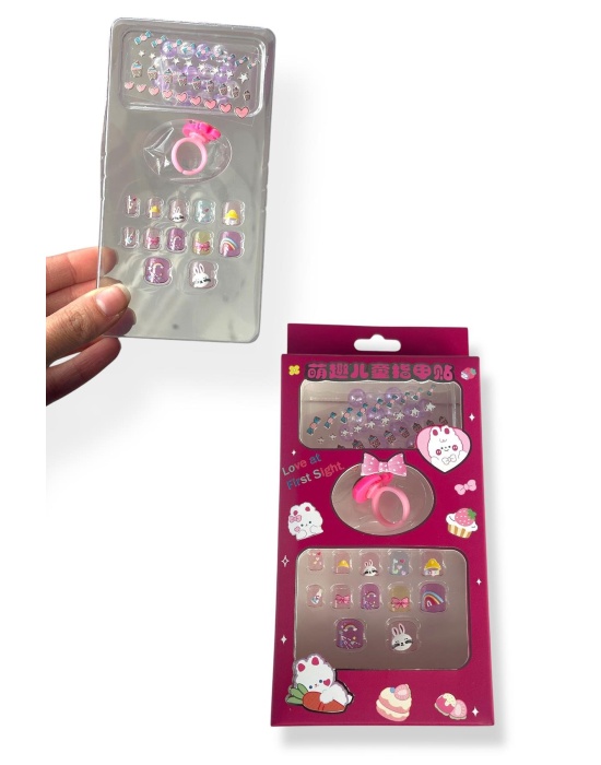 Fuşya Renk Çocuk Tırnak /Bileklik /Yüzük /Sticker /Takma Tırnak Set