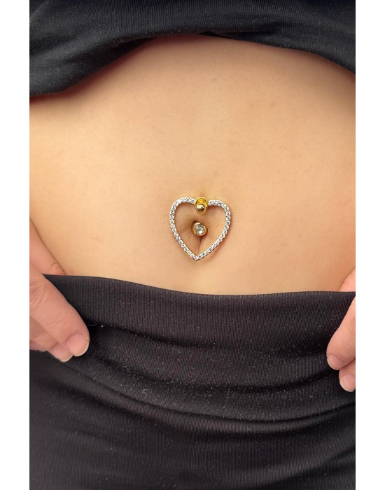 Altın Renk Kalp Figürlü Cerrahi Çelik Göbek Piercing