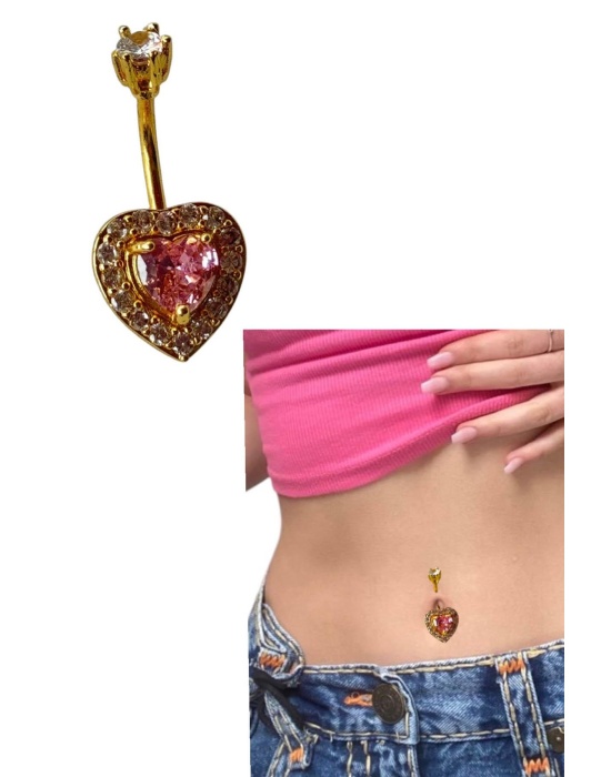 Altın Renk Pembe Kalp Figürlü Cerrahi Çelik Göbek Piercing