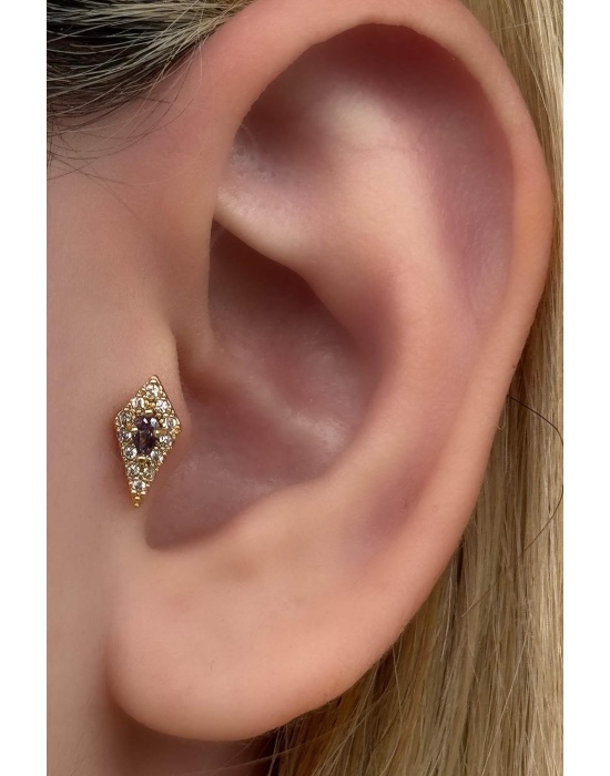 Altın Renk Taş Detaylı Çelik Tragus/Kıkırdak Küpe/Piercing (Tek)