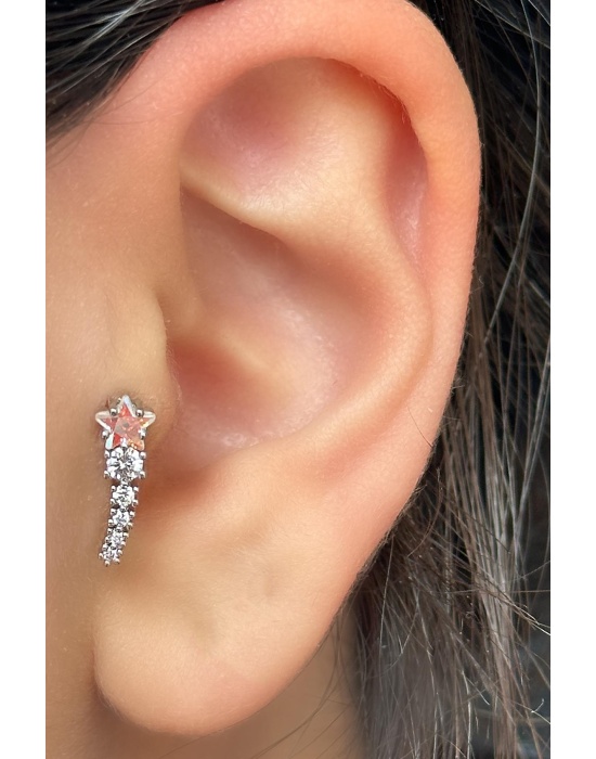 Gümüş Renk Yıldız Figürlü Çelik Tragus/Kıkırdak Küpe/Piercing (Tek)