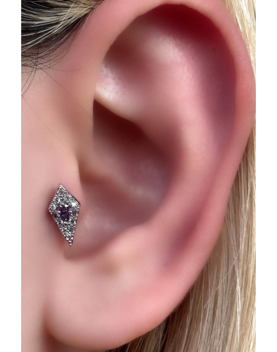 Gümüş Renk Taş Detaylı Çelik Tragus/Kıkırdak Küpe/Piercing (Tek)
