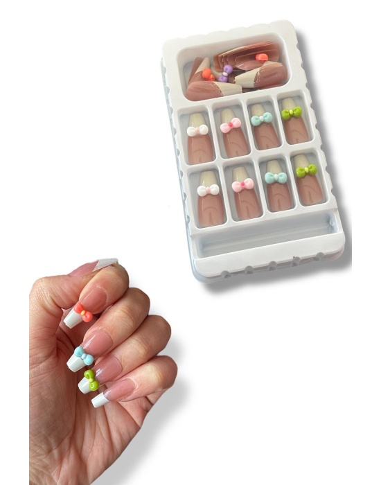 24lü Karışık Renk Kurdele Figürlü Takma Tırnak Set (Yapıştırıcılı)