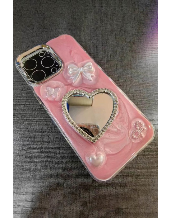 Pembe Renk Kalp Ve Kurdele Figürlü Ayna Detaylı 13 Pro Max Telefon Kılıfı