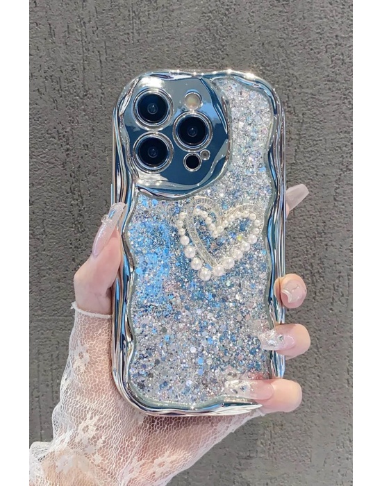 Gümüş Renk Kalp Figürlü Sim Detaylı 13 Pro Max Telefon Kılıfı