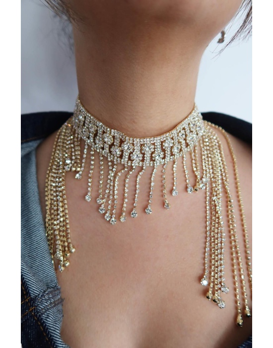 Altın Renk Taş Detaylı Tasarım Choker Kolye