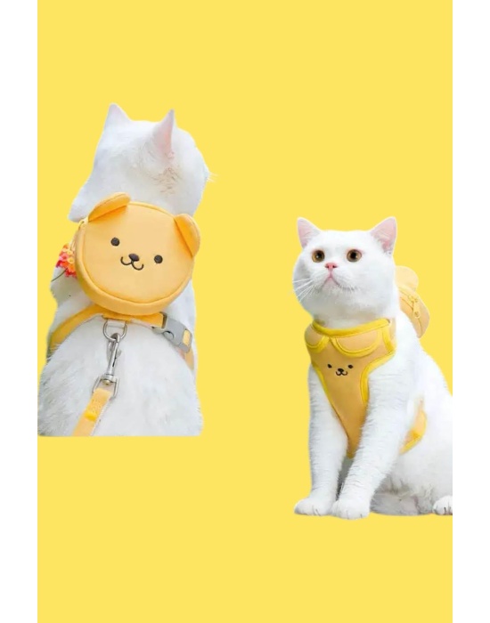 Sarı Renk Ayıcık Figürlü Çanta Detaylı Bel Göğüs Ayarlanabilir Kedi/Köpek Tasma