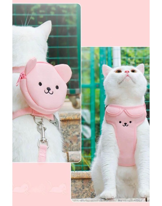 Pembe Renk Ayıcık Figürlü Çanta Detaylı Bel Göğüs Ayarlanabilir Kedi/Köpek Tasma