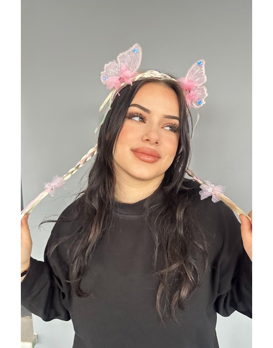 Pembe Renk Kelebek Figürlü Örgü Detaylı Çocuk Taç