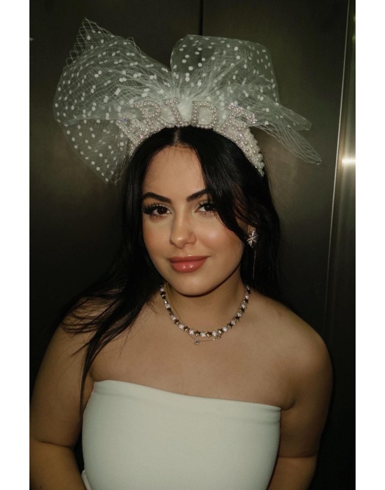 Beyaz Renk Bride Yazılı İnci Detaylı Tüllü Gelin Taç