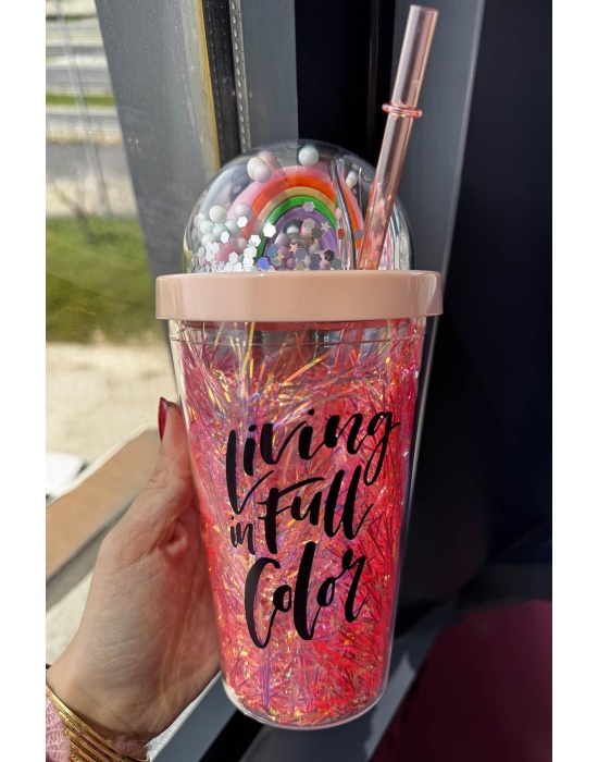 Pembe Renk Gökkuşağı Figürlü Pipetli Işıklı Suluk