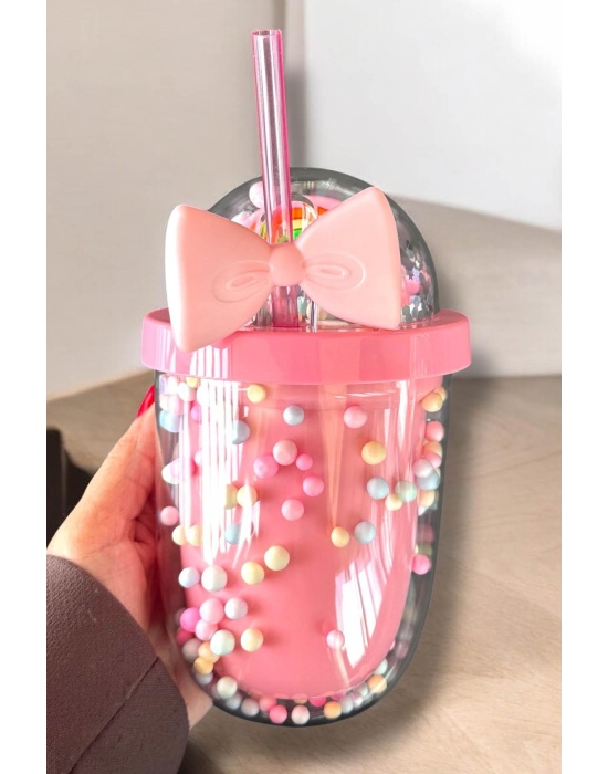 Pembe Renk Gökkuşağı Figürlü Pipetli Suluk
