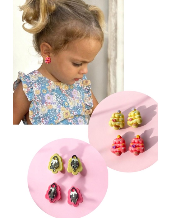 Sarı Ve Pembe Renk Cup Cake Figürlü Çocuk Sıkıştırmalı Küpe