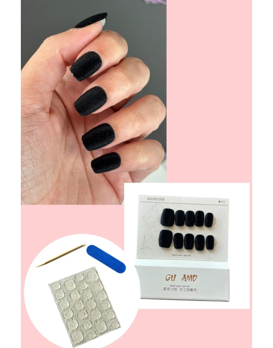 10lu Siyah Renk Kadife Takma Tırnak Set (Yapıştırıcılı)