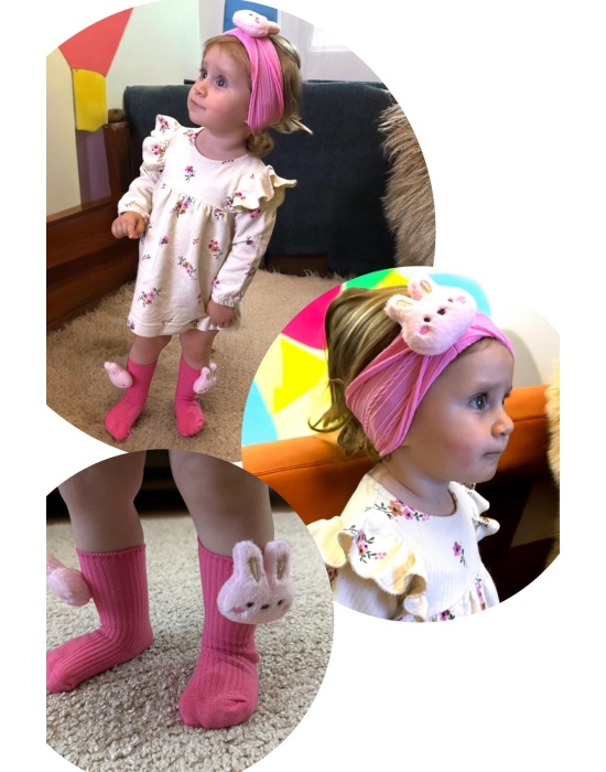Pembe Renk Tavşan Figürlü Çocuk Saç Bandı Ve Çorap Set