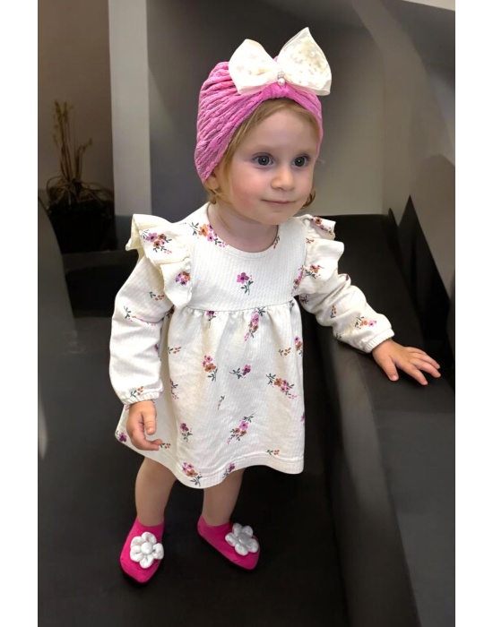 Pembe Renk Kurdele Ve Çiçek Detaylı Çocuk Saç Bonesi Ve Çorap Set