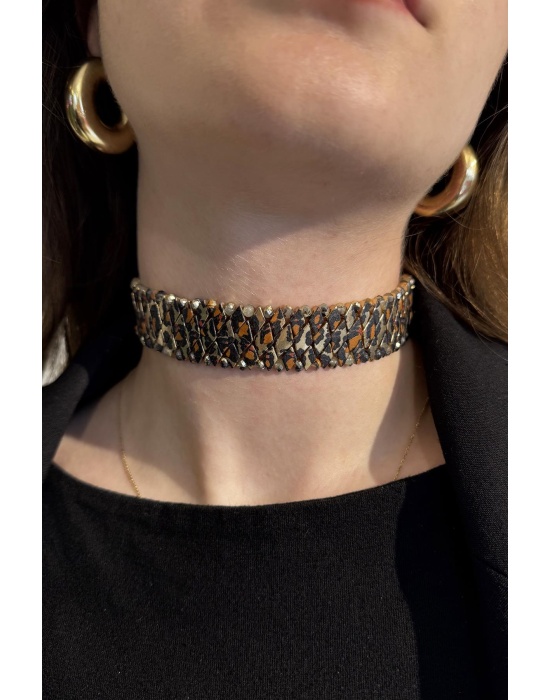 Karışık Renk Leopar Desenli Choker Kolye