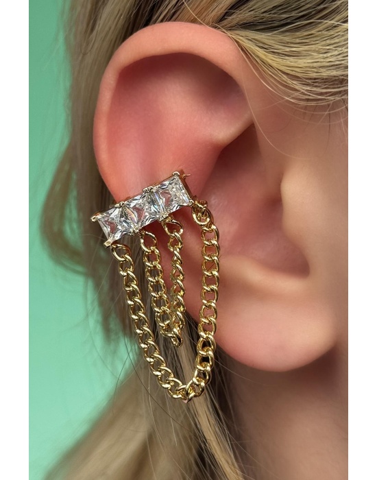 Altın Renk Taş Detaylı Sallantılı Ear Cuff (Tek)