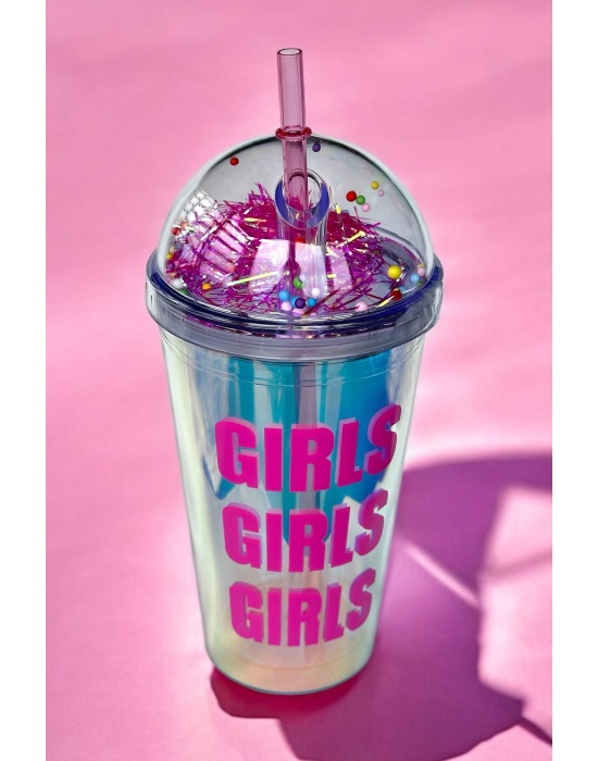 Pembe Renk Girls Yazılı Pipetli Suluk