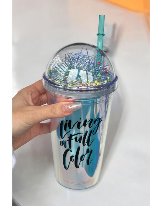 Mavi Renk Living İn Full Color Yazılı Pipetli Suluk