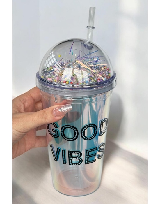 Hologramlı Good Vıbes Yazılı Pipetli Suluk
