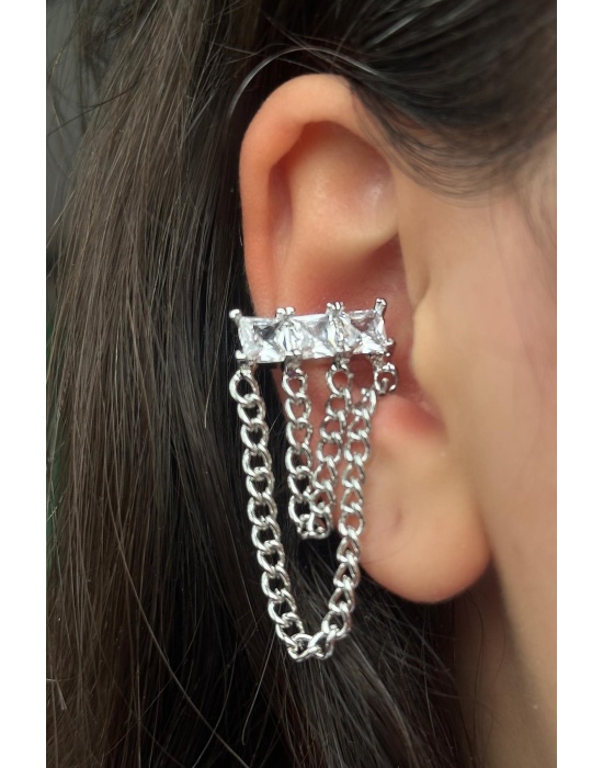Gümüş Renk Taş Detaylı Sallantılı Ear Cuff (Tek)